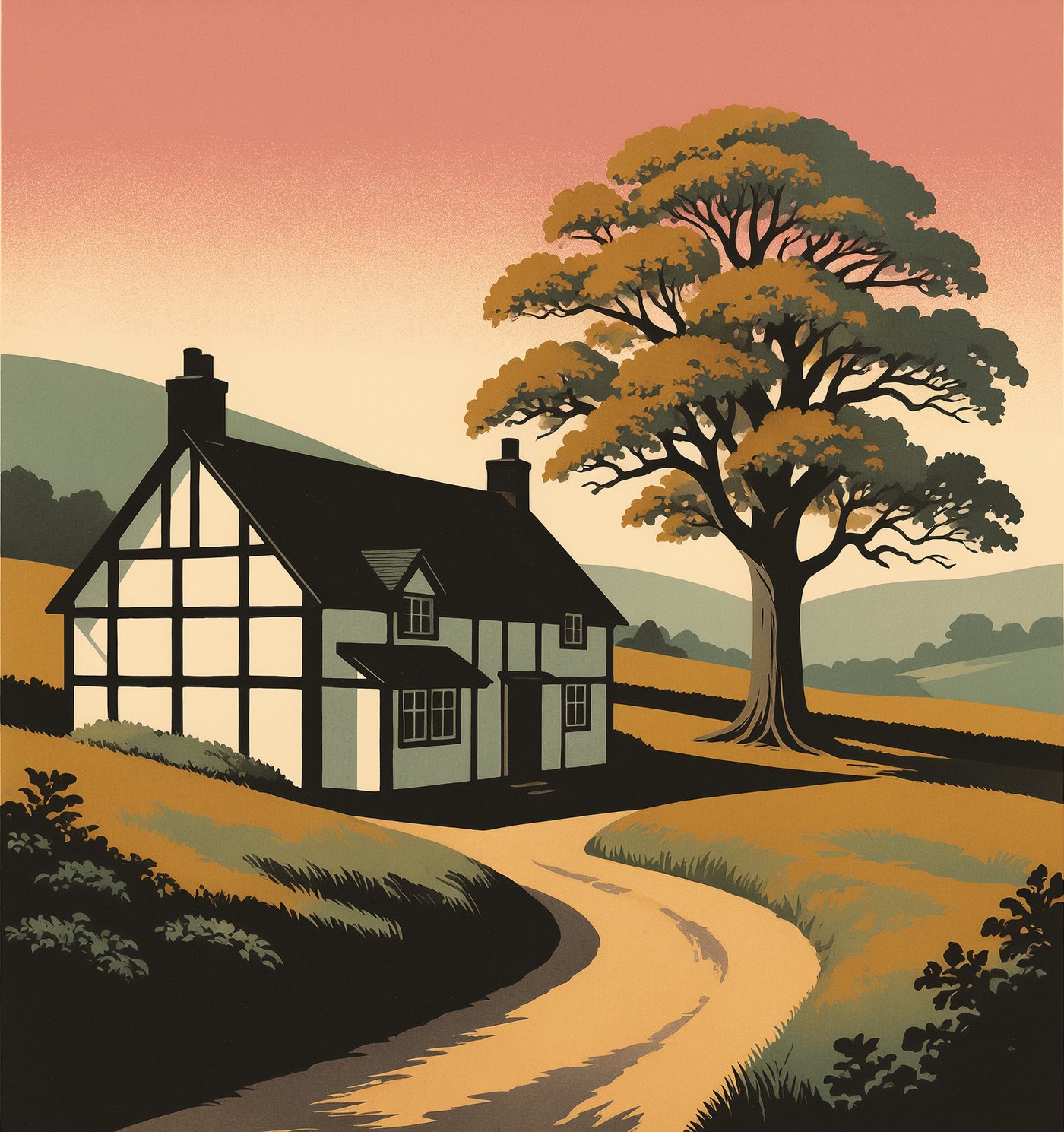Illustration of a black-and-white timber-framed Cheshire cottage beside a winding lane, with a large oak tree and rolling hills at golden hour