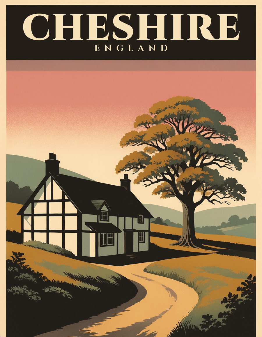 Vintage-style Cheshire travel print with a timber-framed cottage and oak tree